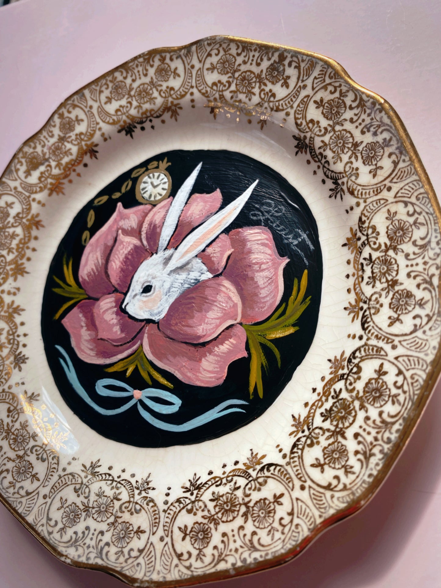 White Rabbit - Painted Vintage Plate