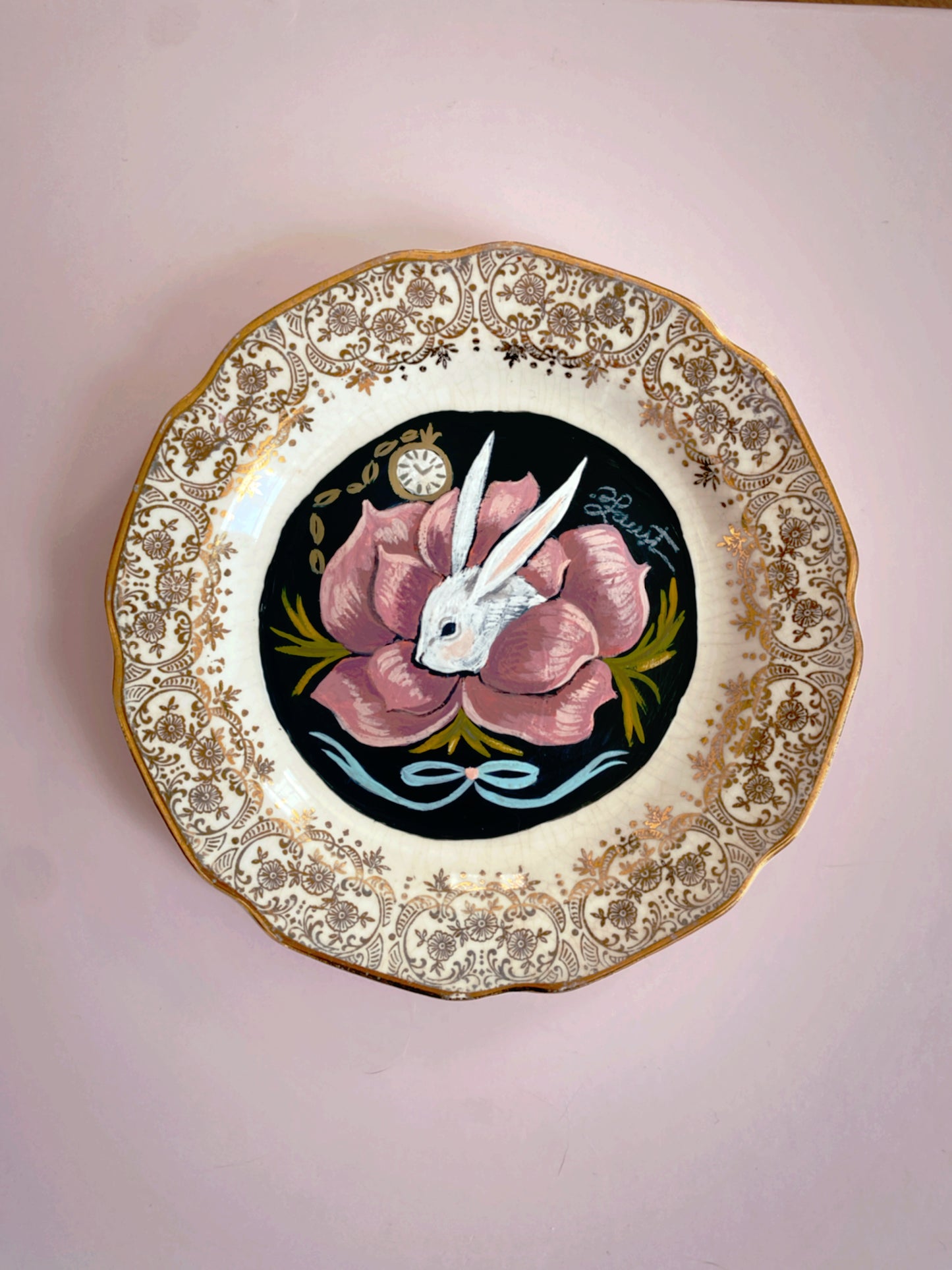 White Rabbit - Painted Vintage Plate