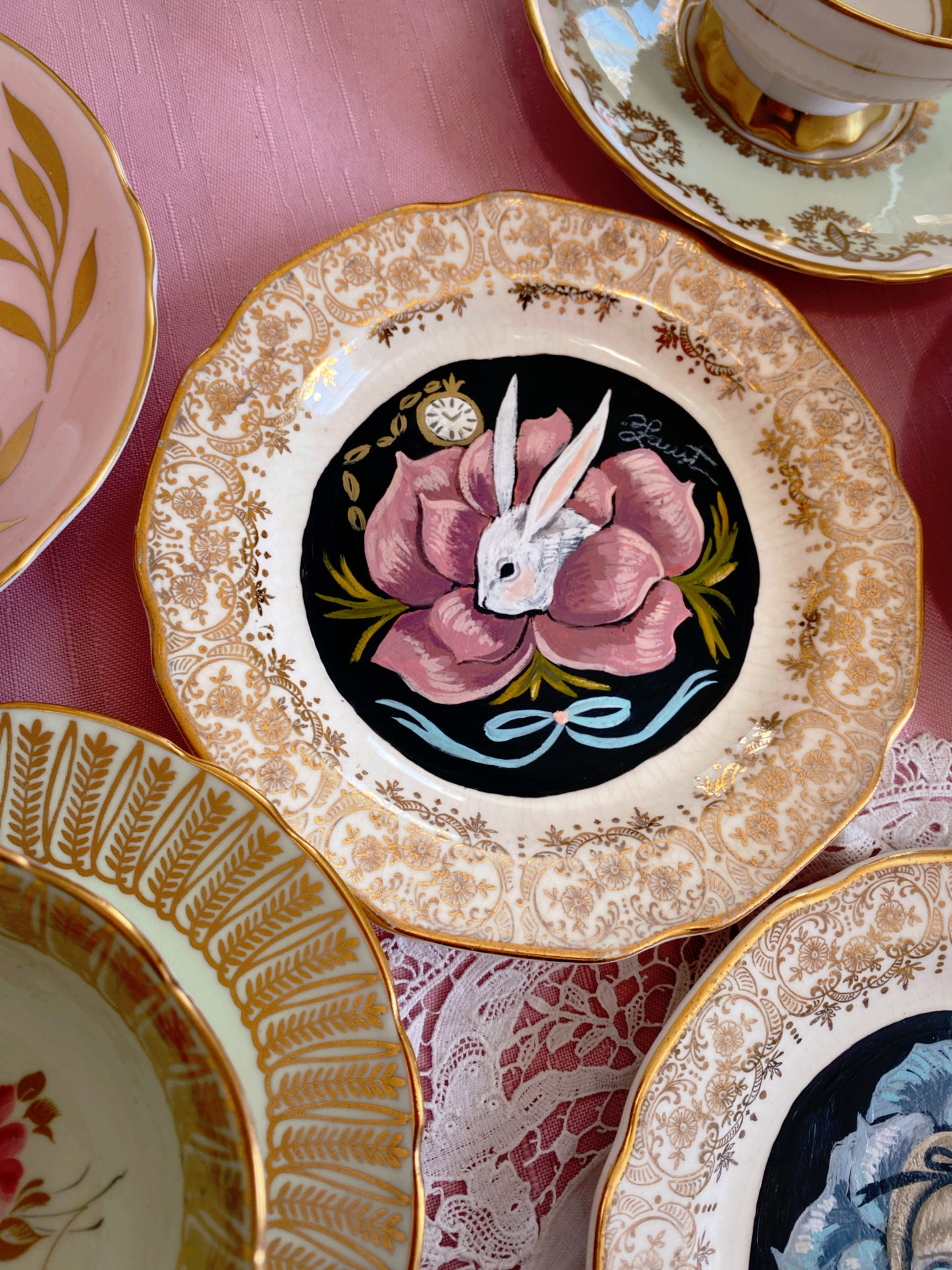 White Rabbit - Painted Vintage Plate