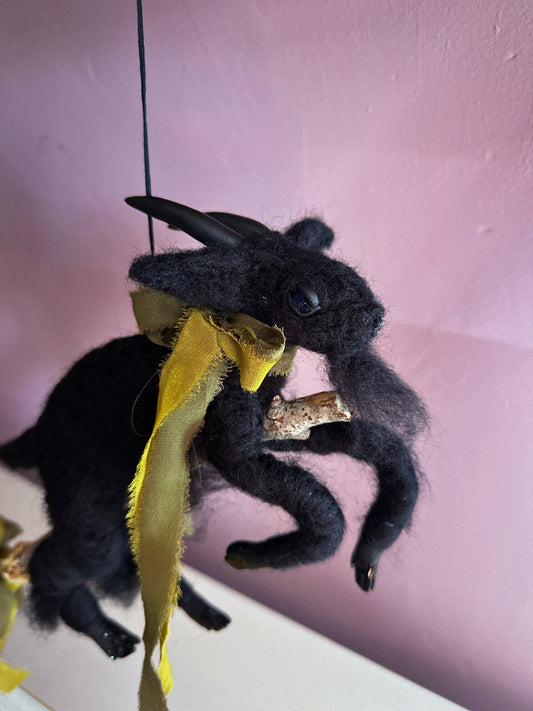 Black Phillip on a Broom ✦ in Chartreuse & Olive Silk