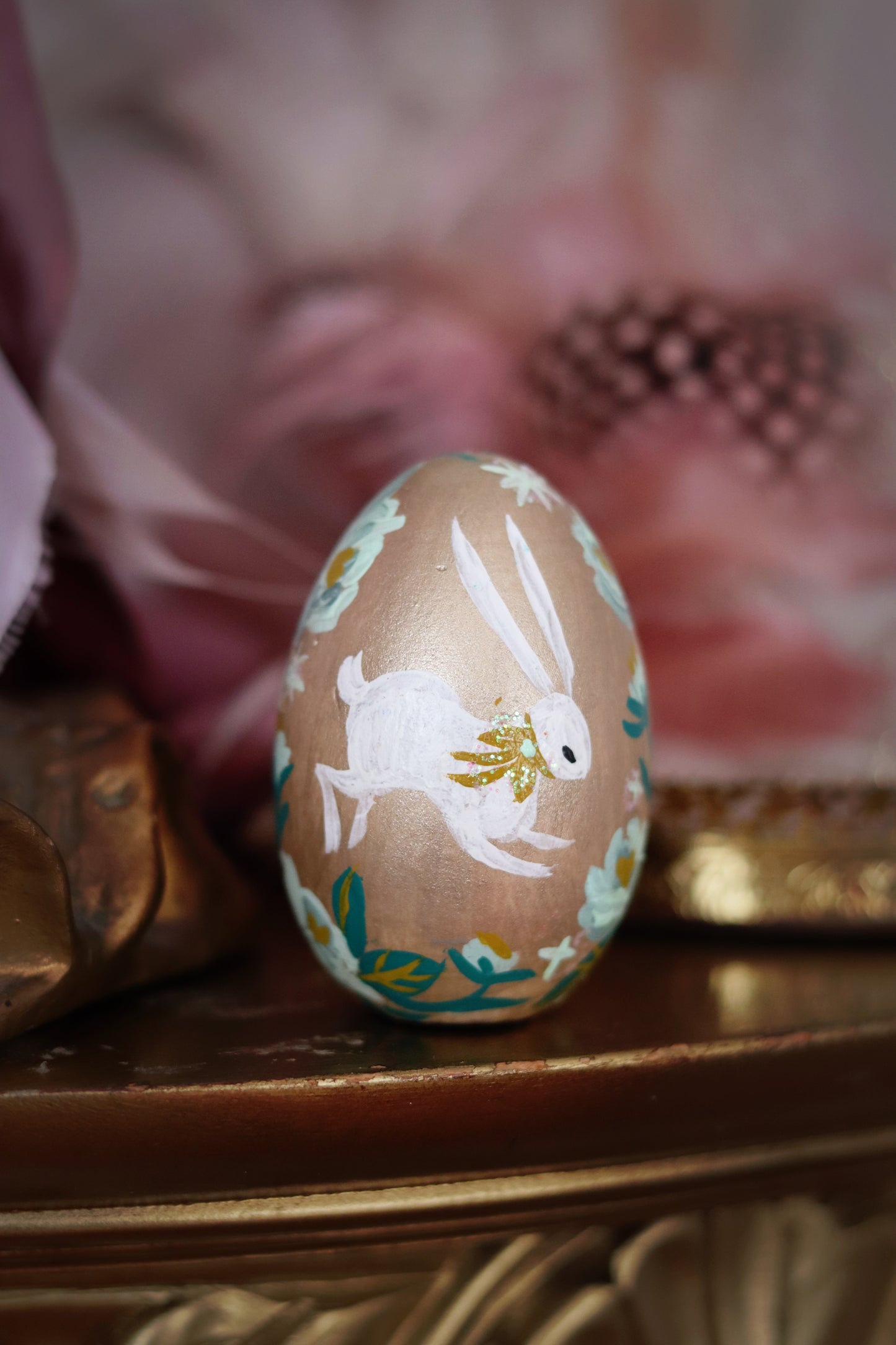 White Rabbit on Gold Hand-Painted Wooden Egg