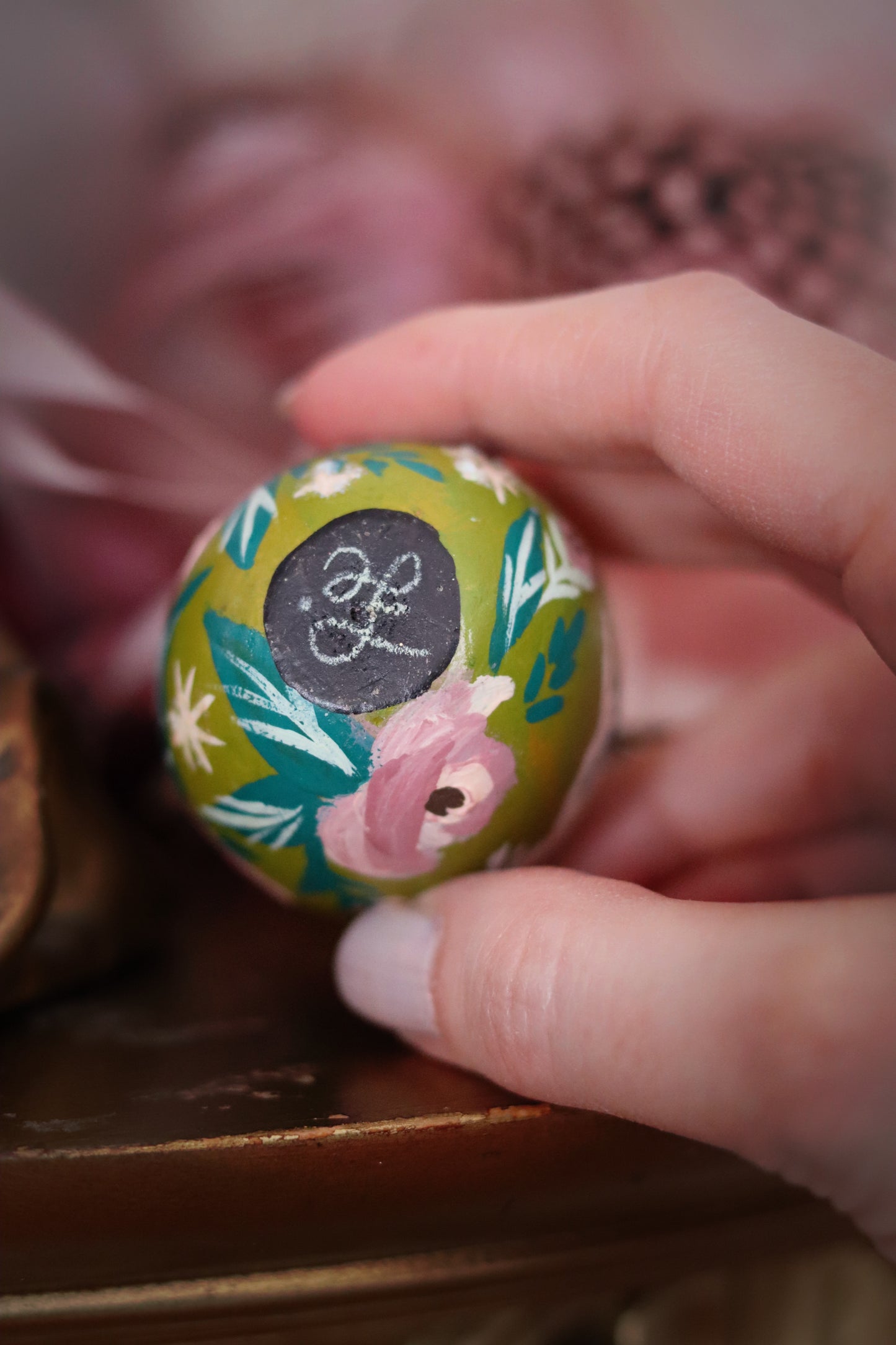 White Rabbit on Chartreuse Hand-Painted Wooden Egg