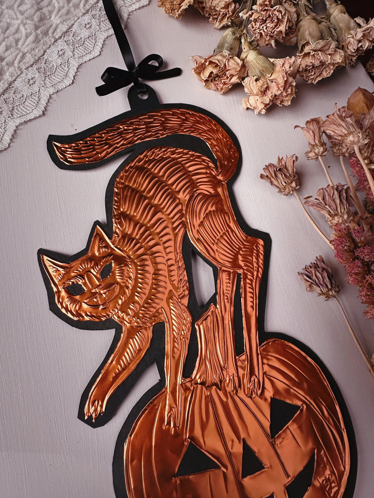 Copper Halloween Kitty ✦ Hand Embossed Foil Decoration