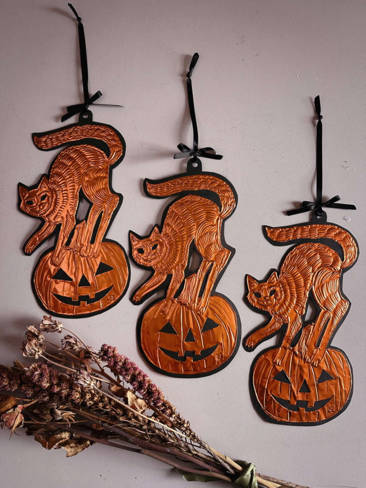 Copper Halloween Kitty ✦ Hand Embossed Foil Decoration