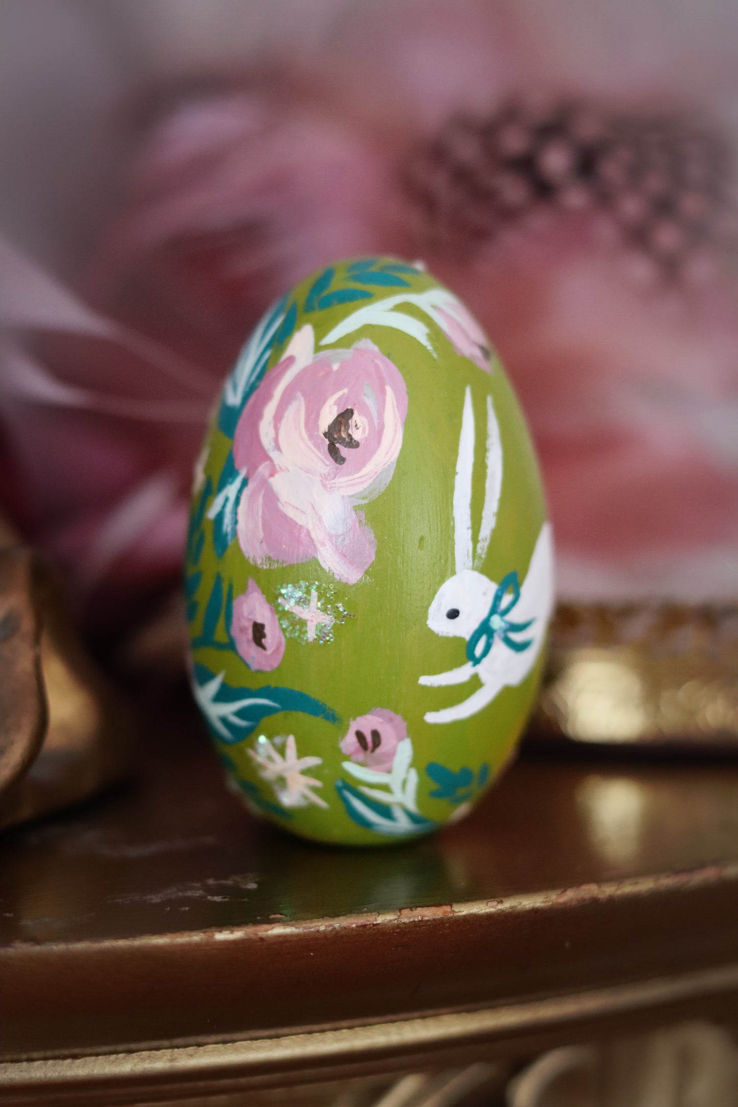 White Rabbit on Chartreuse Hand-Painted Wooden Egg