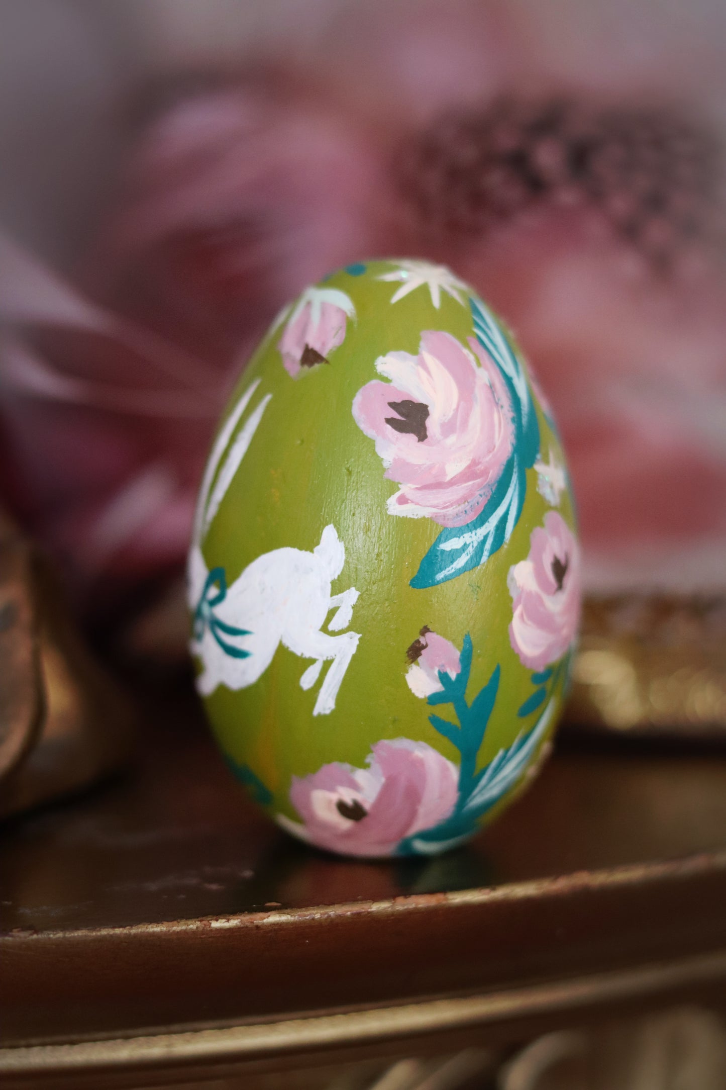 White Rabbit on Chartreuse Hand-Painted Wooden Egg