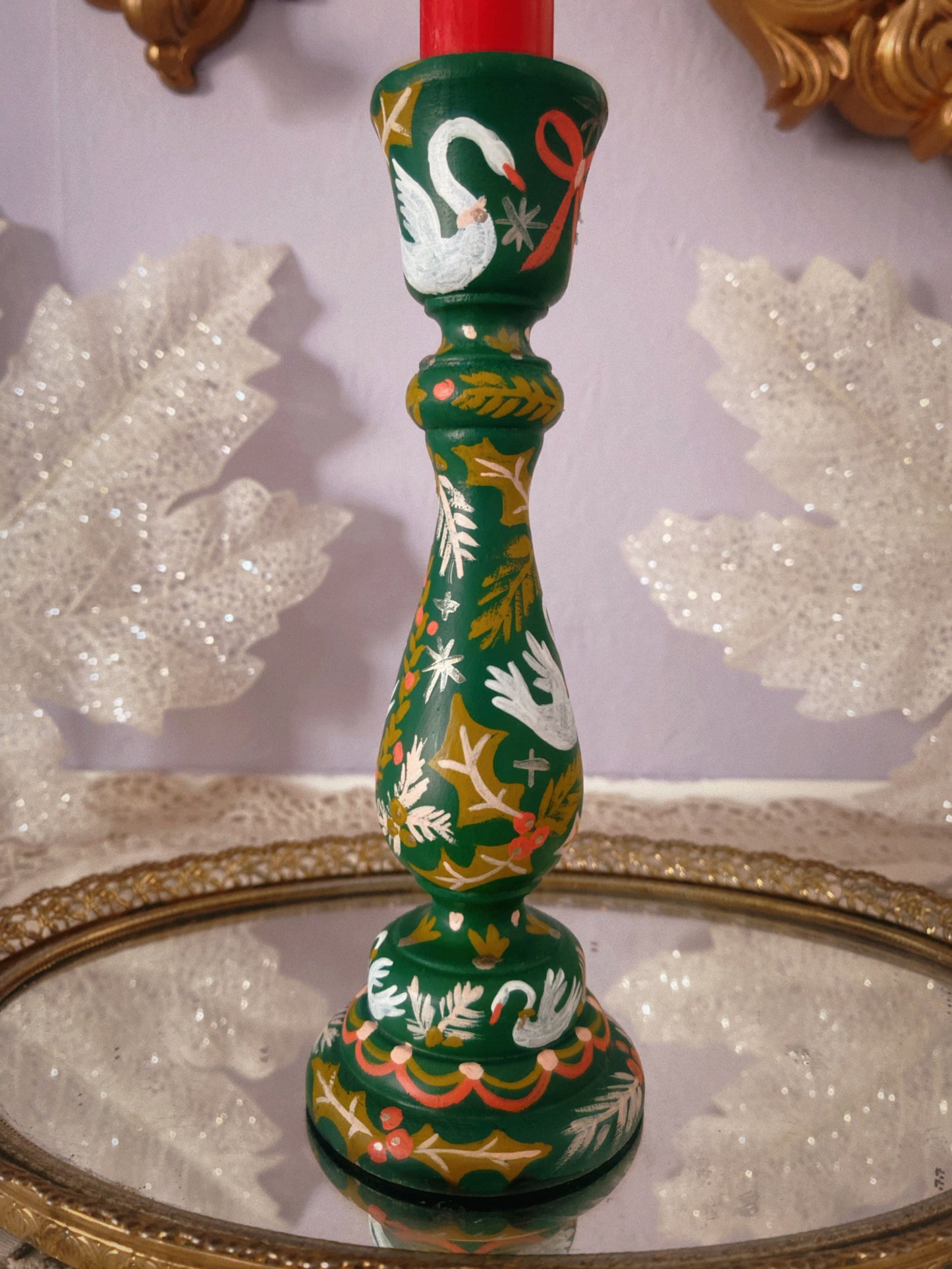 Seven Swans Candlestick in Forest Green