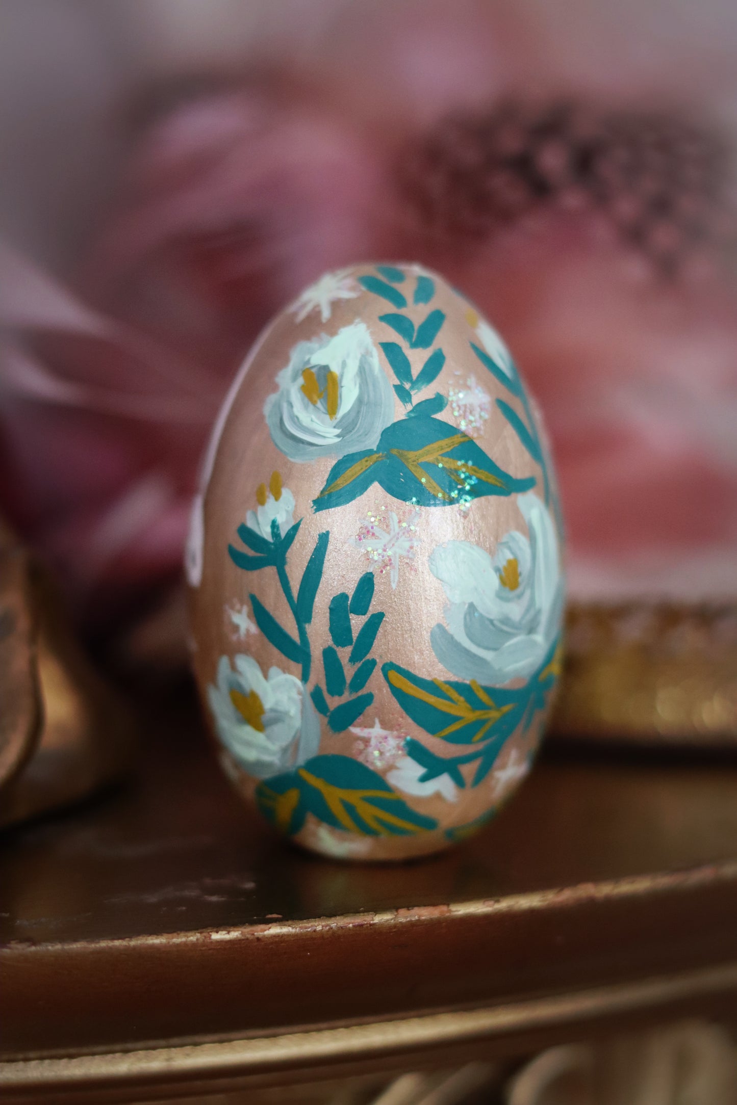 White Rabbit on Gold Hand-Painted Wooden Egg