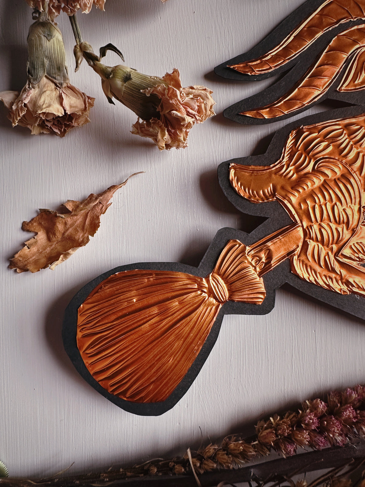 Copper Phillip on a Broom ✦ Hand Embossed Foil Decoration