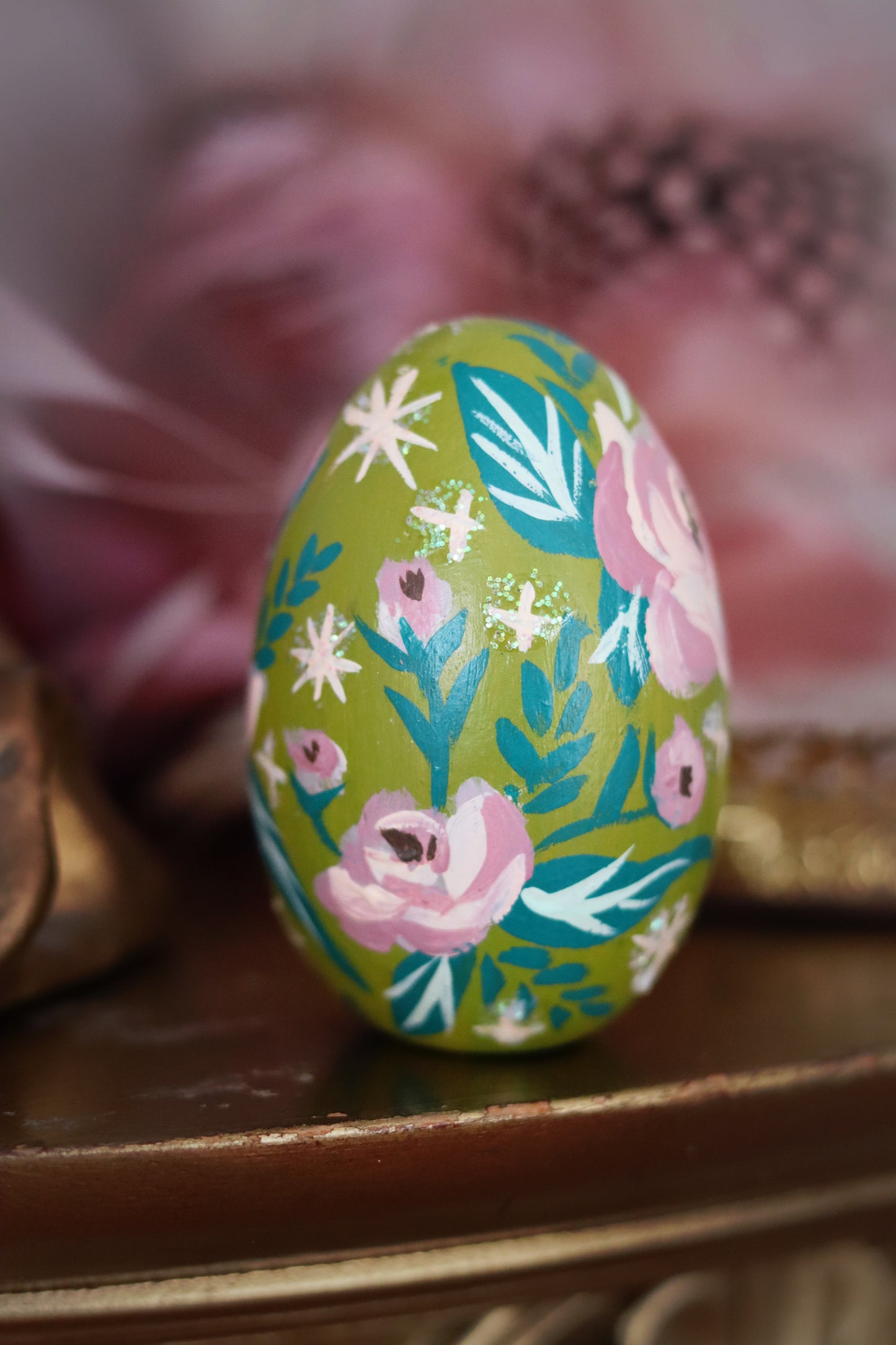 White Rabbit on Chartreuse Hand-Painted Wooden Egg