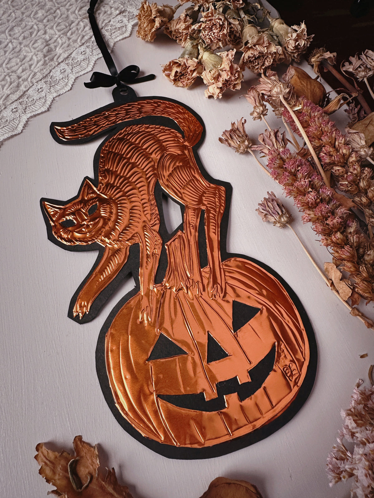Copper Halloween Kitty ✦ Hand Embossed Foil Decoration