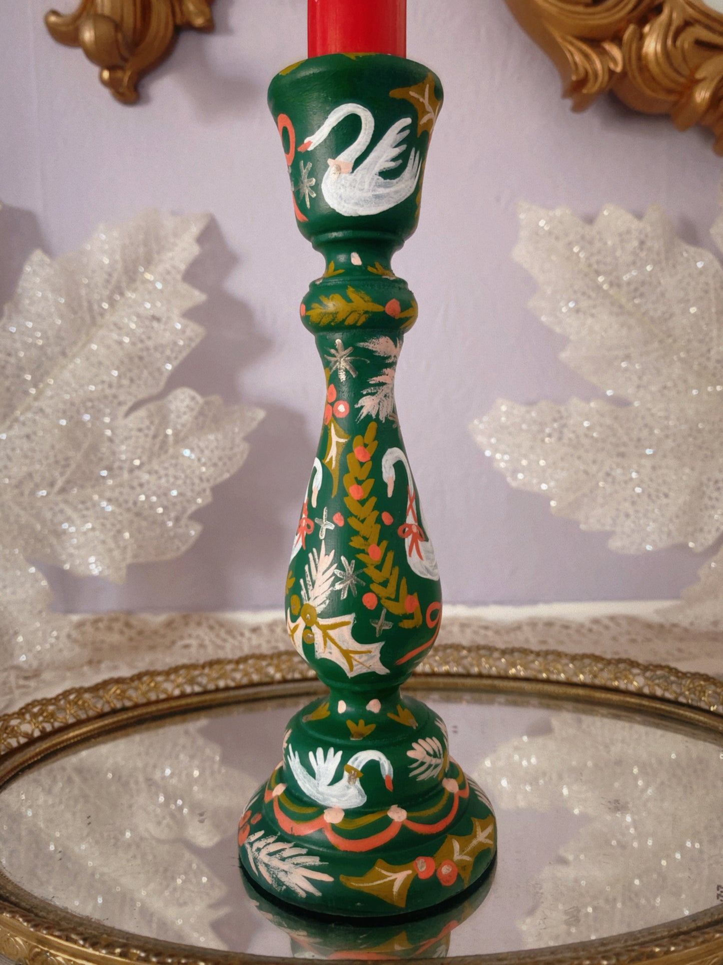 Seven Swans Candlestick in Forest Green