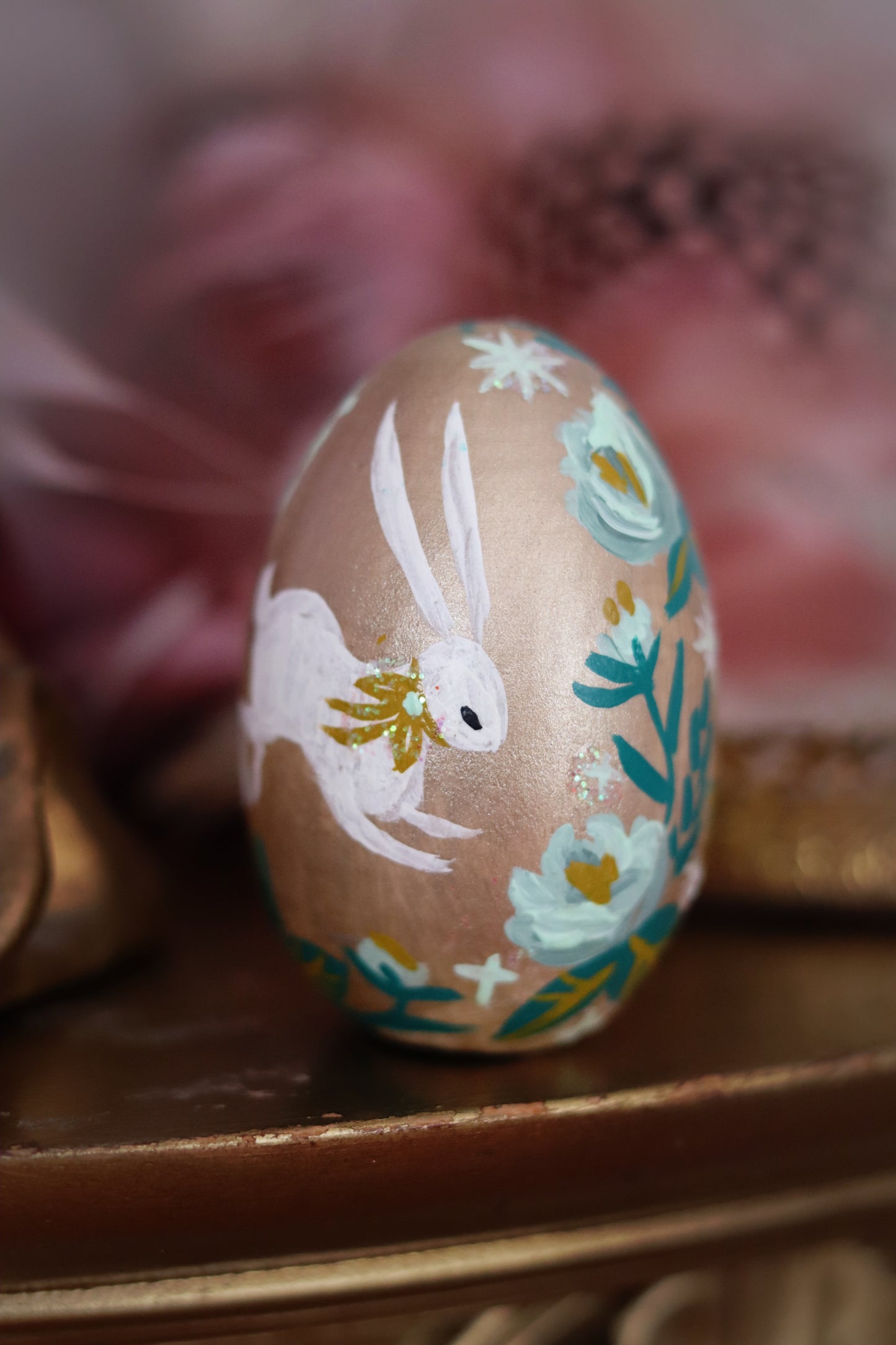 White Rabbit on Gold Hand-Painted Wooden Egg
