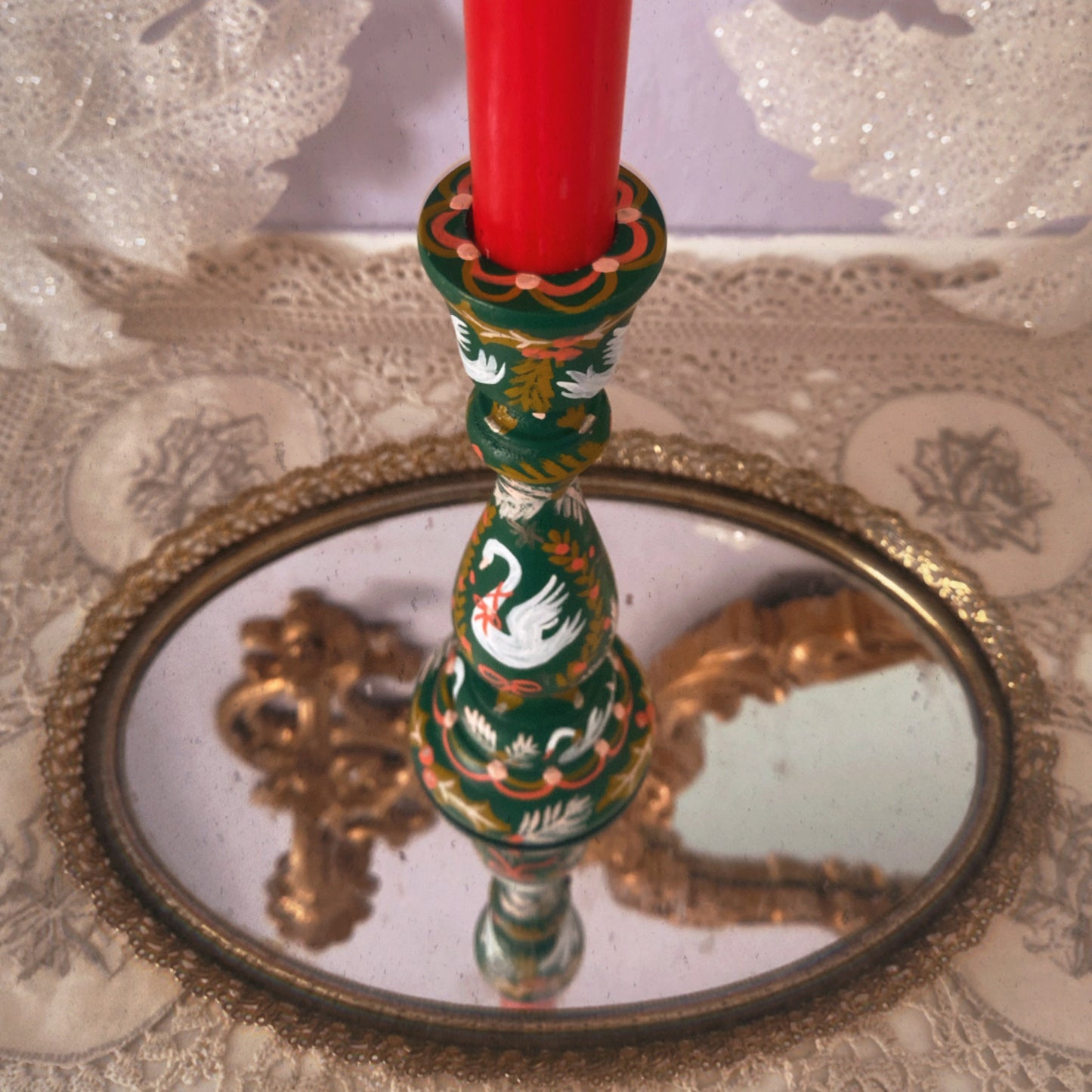 Seven Swans Candlestick in Forest Green