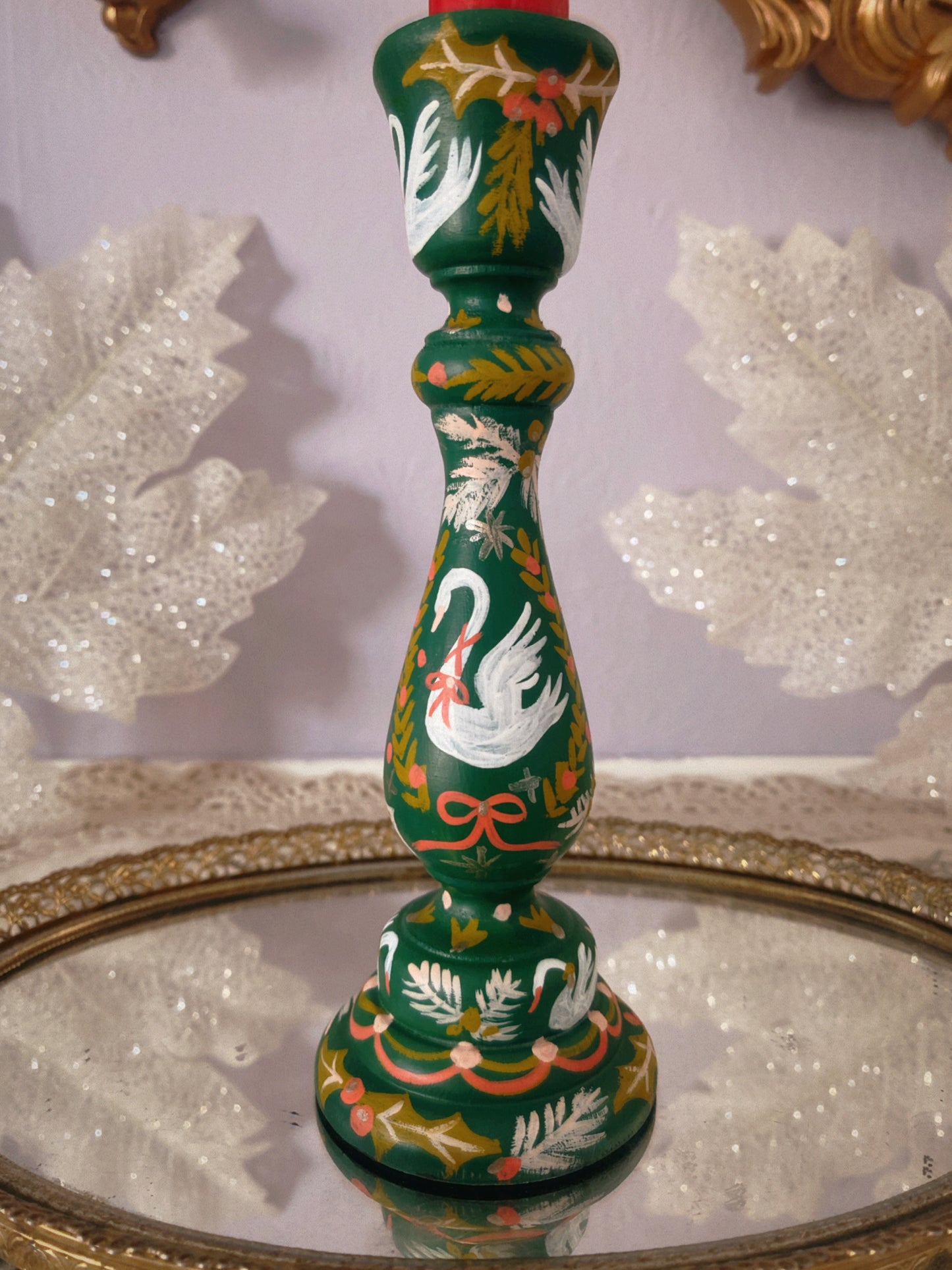 Seven Swans Candlestick in Forest Green