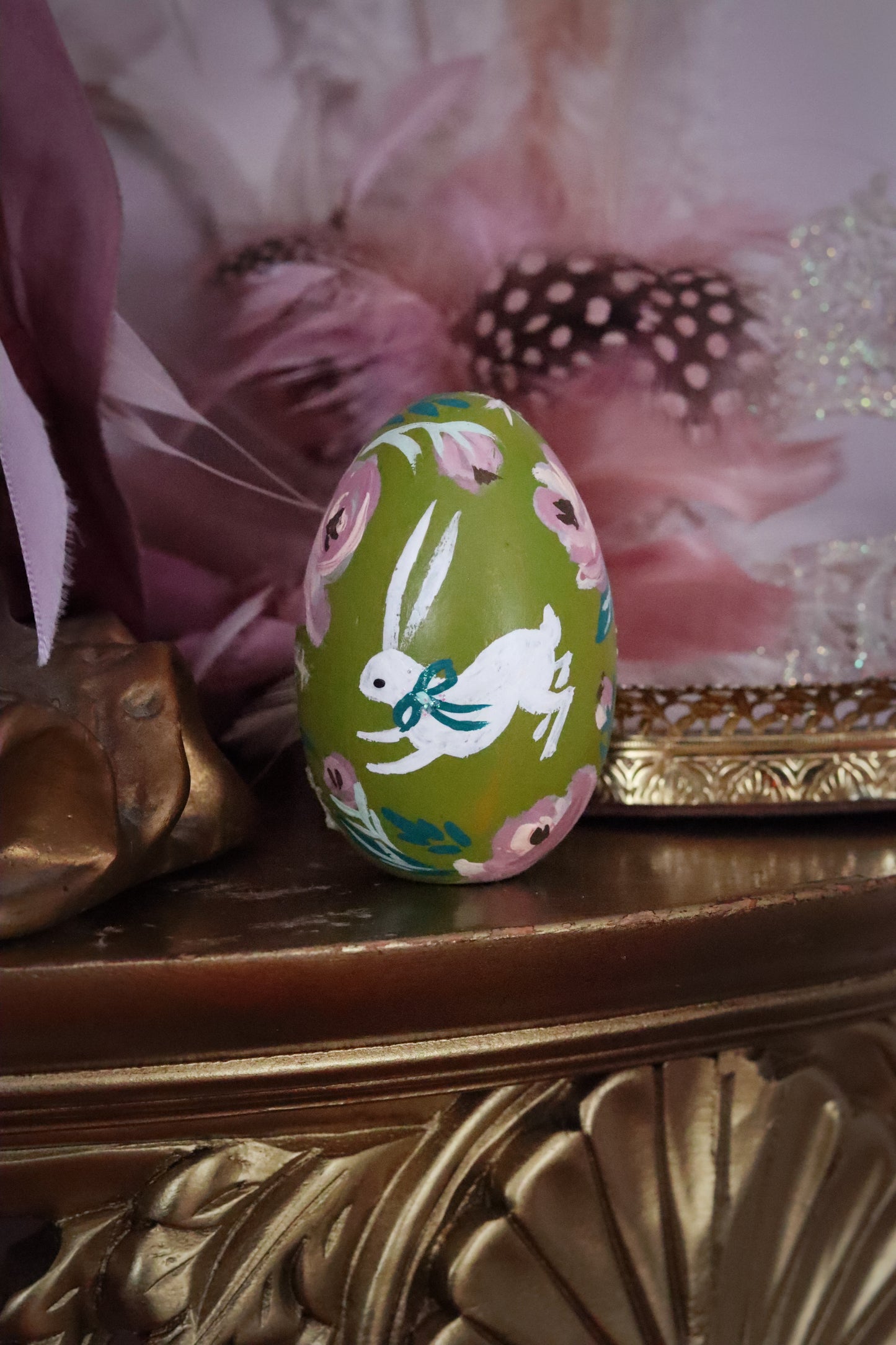White Rabbit on Chartreuse Hand-Painted Wooden Egg