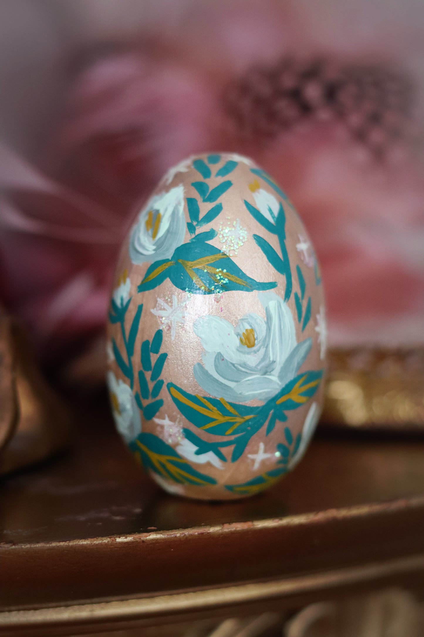 White Rabbit on Gold Hand-Painted Wooden Egg