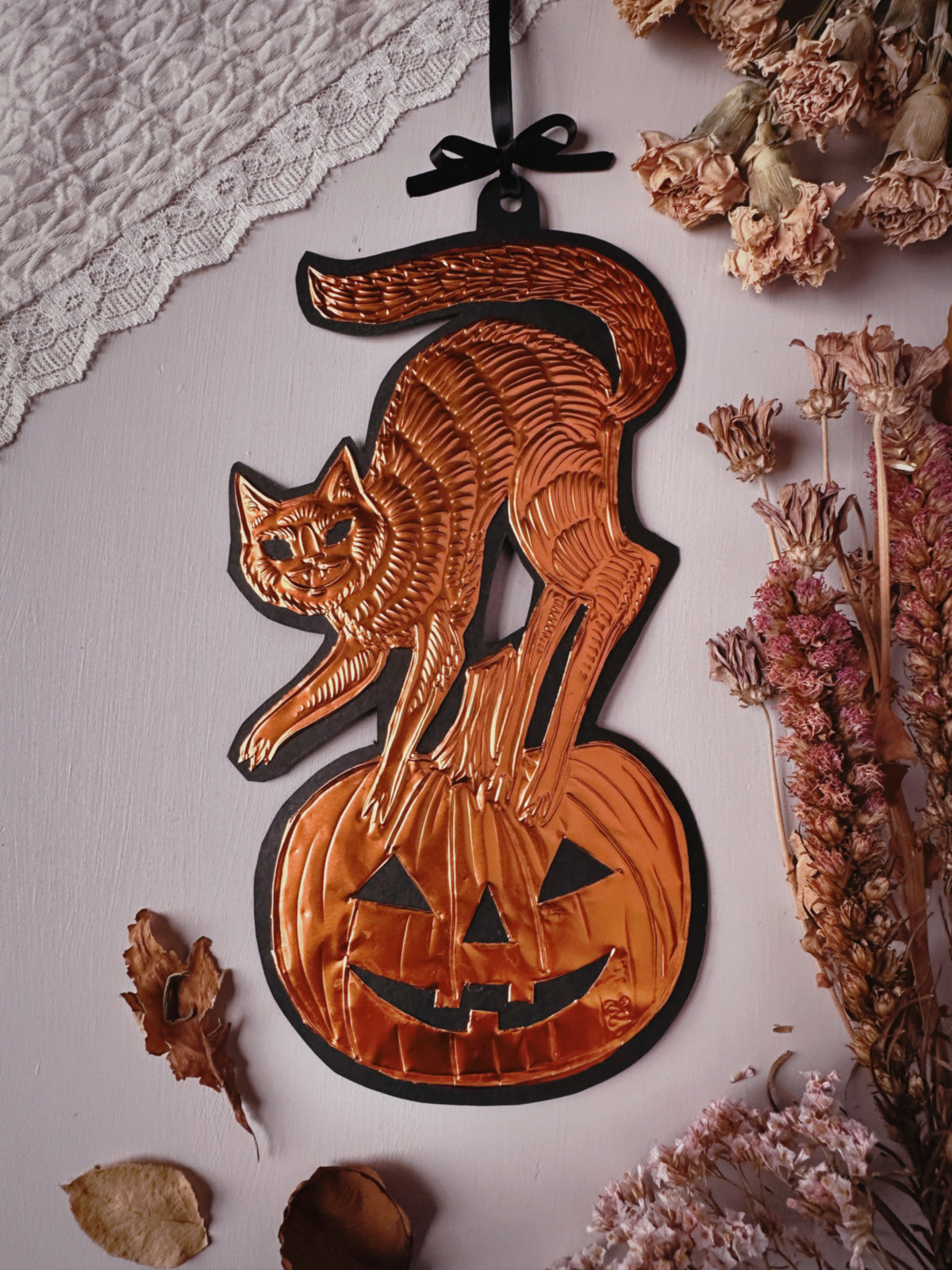 Copper Halloween Kitty ✦ Hand Embossed Foil Decoration