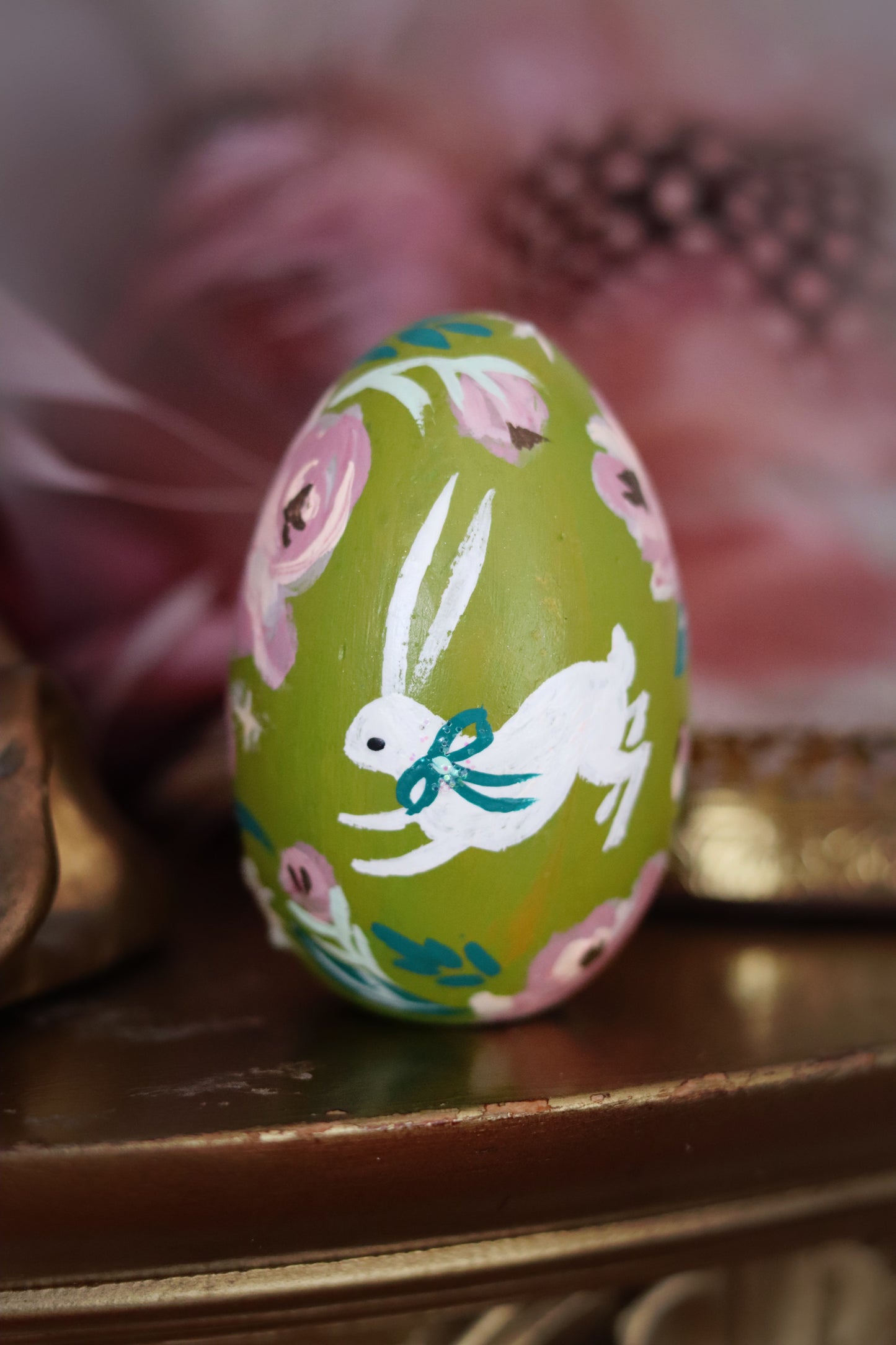 White Rabbit on Chartreuse Hand-Painted Wooden Egg