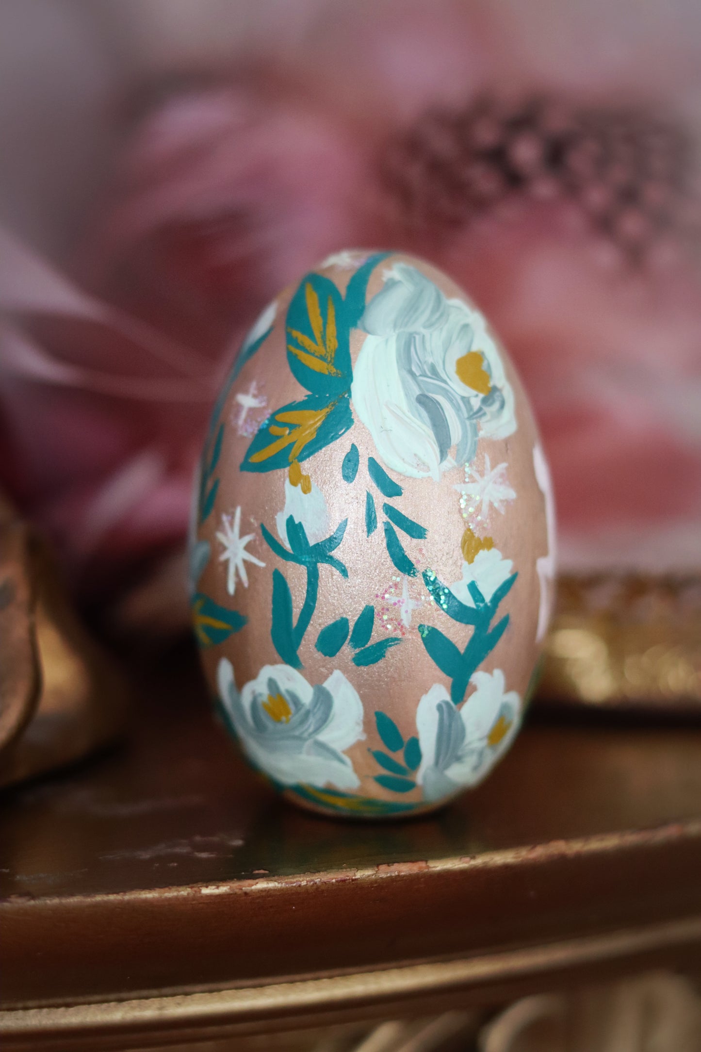 White Rabbit on Gold Hand-Painted Wooden Egg