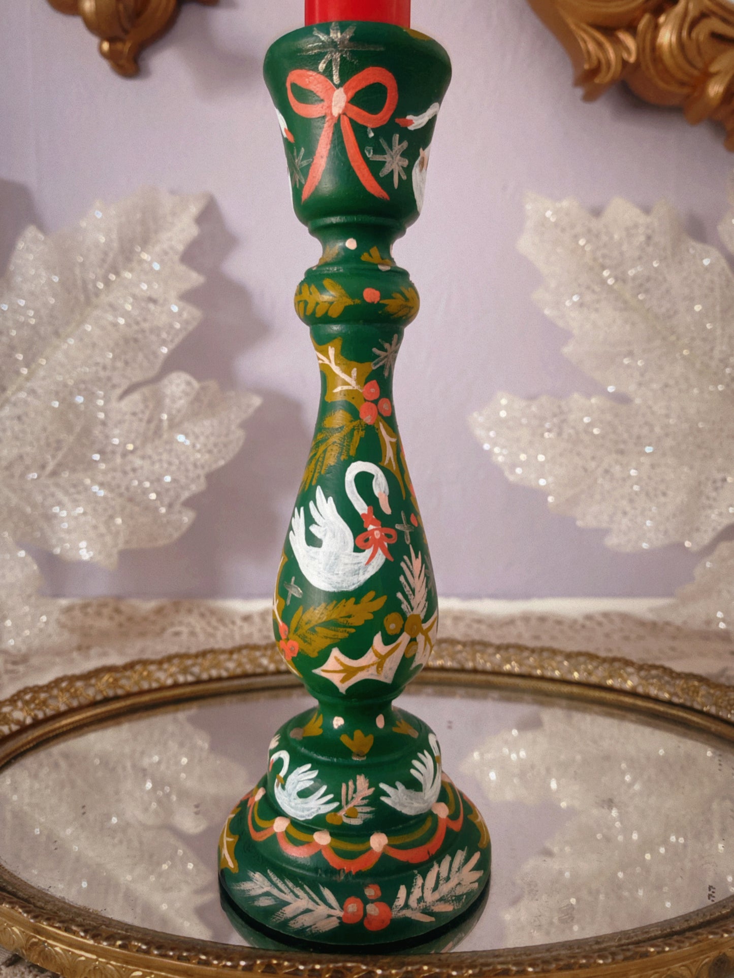 Seven Swans Candlestick in Forest Green