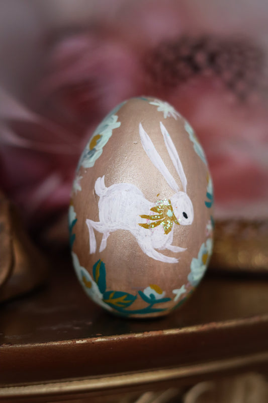 White Rabbit on Gold Hand-Painted Wooden Egg