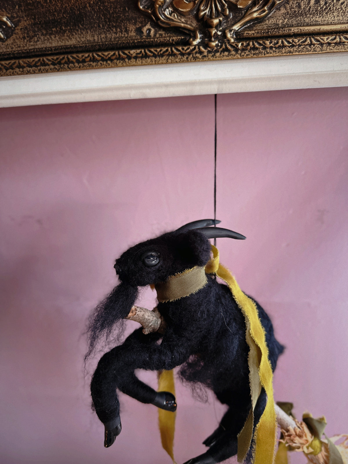 Black Phillip on a Broom ✦ in Chartreuse & Olive Silk
