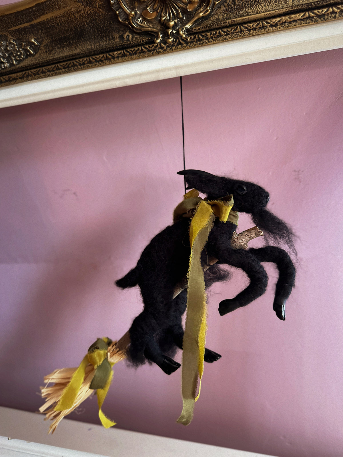 Black Phillip on a Broom ✦ in Chartreuse & Olive Silk