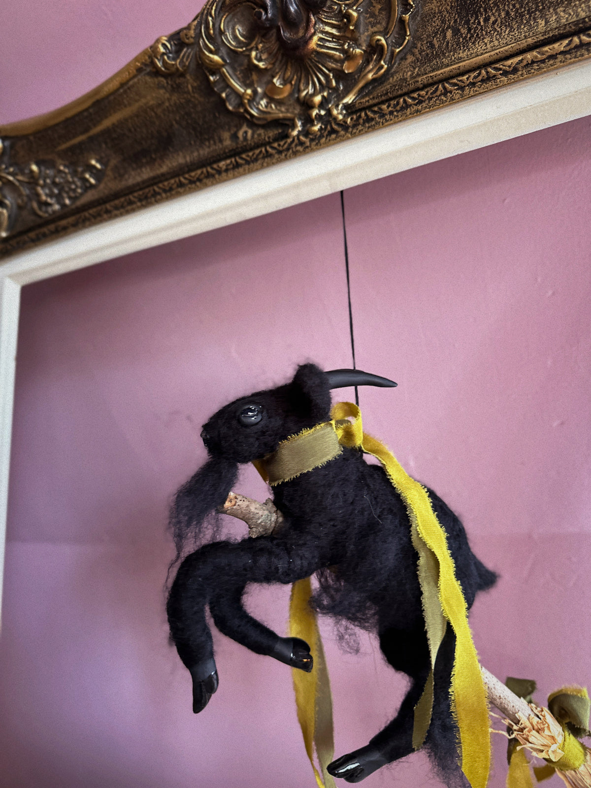 Black Phillip on a Broom ✦ in Chartreuse & Olive Silk