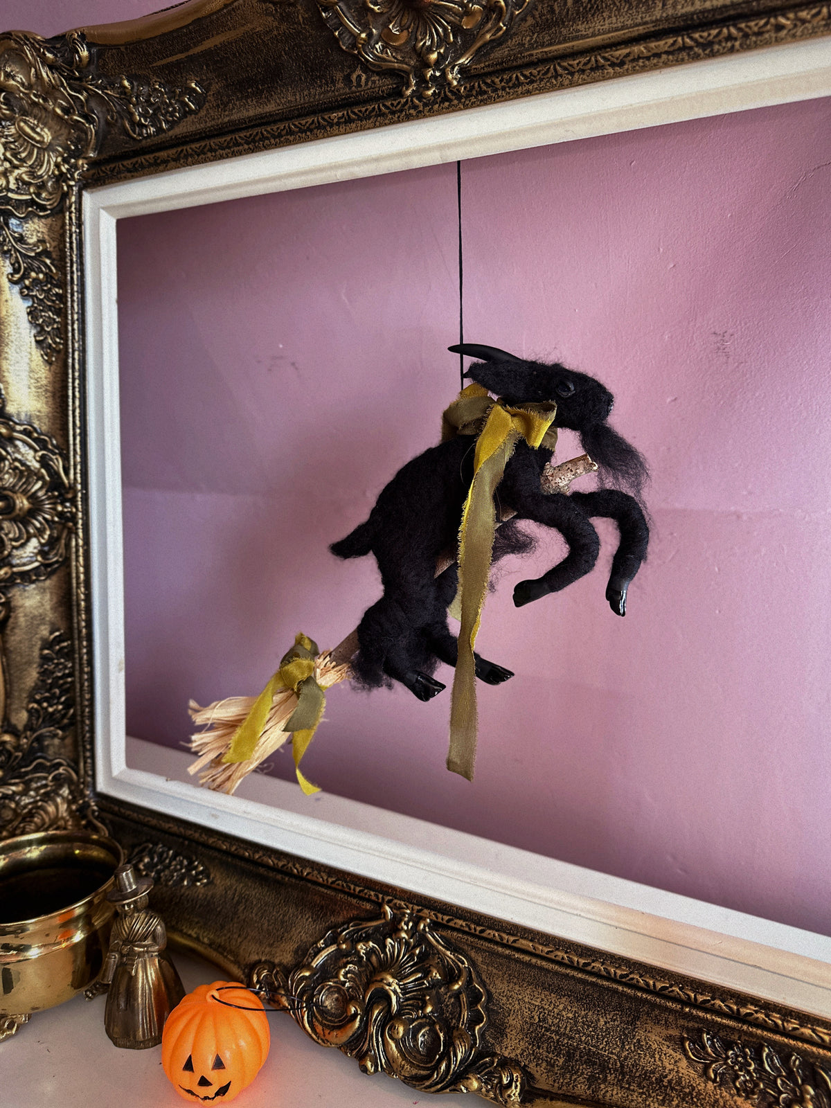 Black Phillip on a Broom ✦ in Chartreuse & Olive Silk