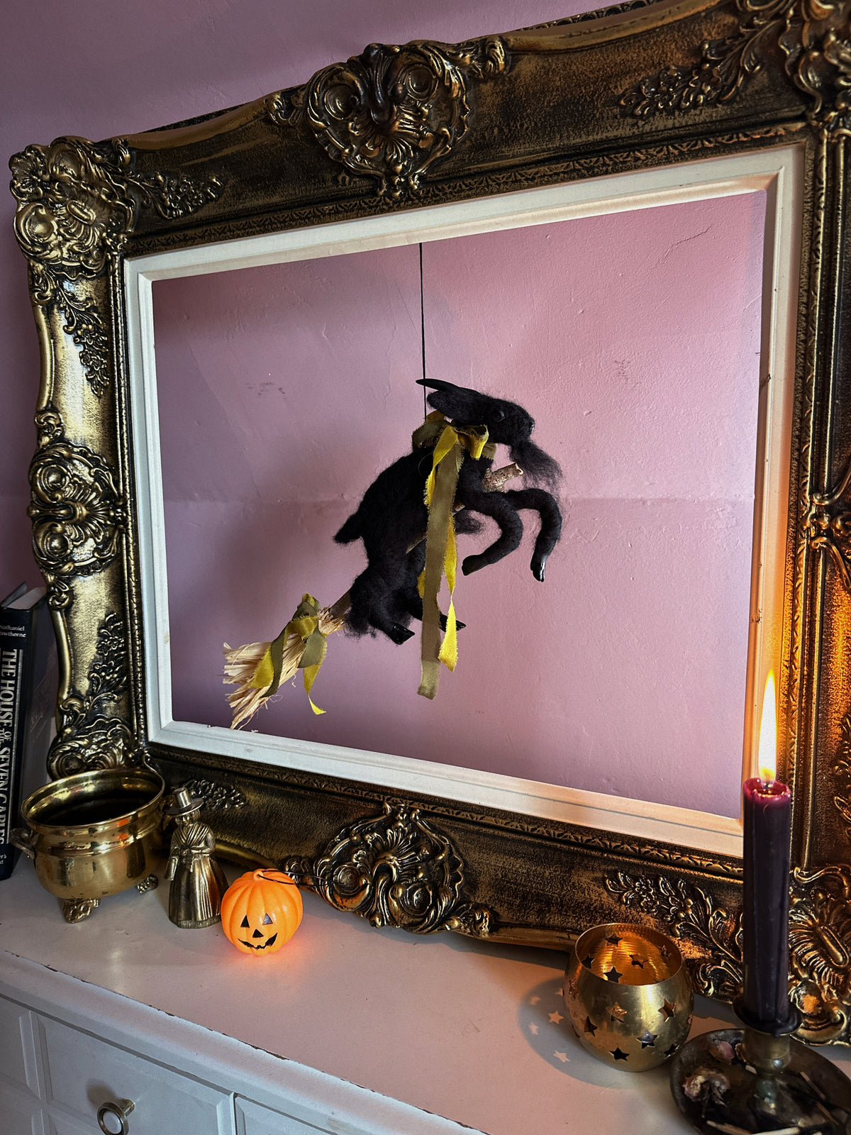 Black Phillip on a Broom ✦ in Chartreuse & Olive Silk