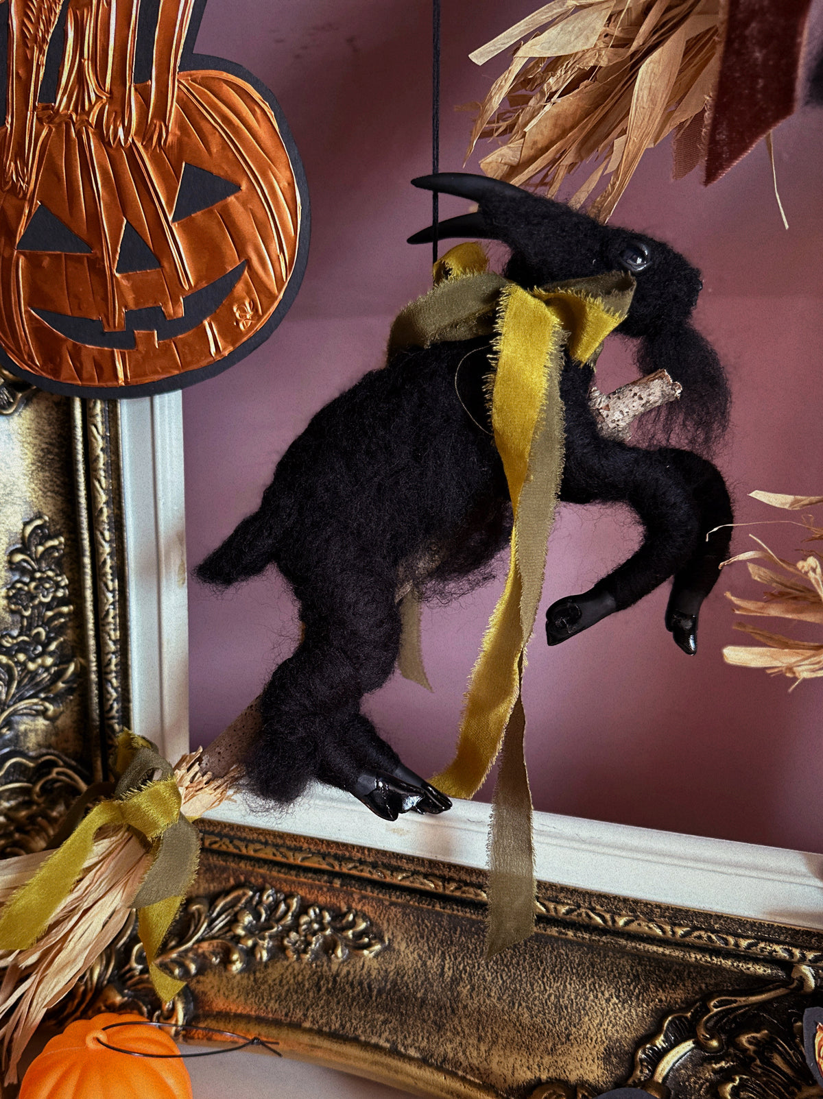 Black Phillip on a Broom ✦ in Chartreuse & Olive Silk
