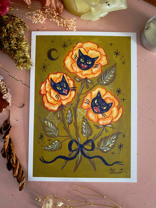 Spooky Cat Bouquet - 5x7 Art Print - Prints for a Cause